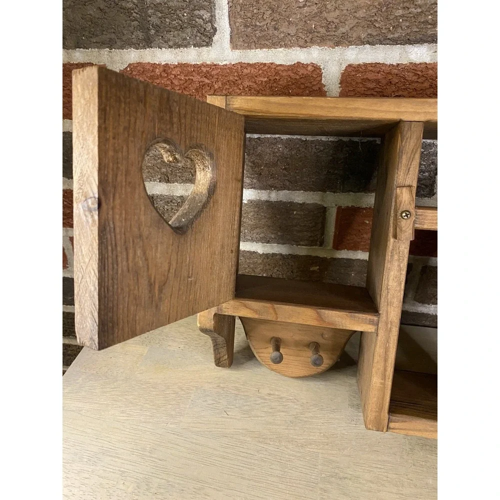 Vtg Wood Wall Shelf Curio Shadow Box Heart Dividers Display Country Cottage Core